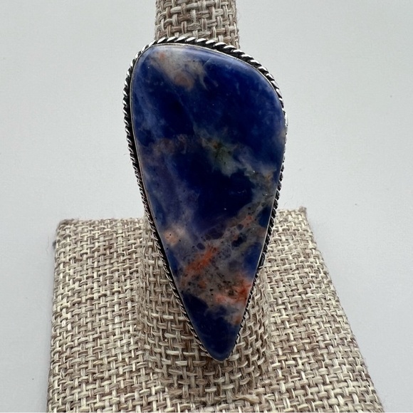 New Large Statement Blue Sodalite Stone Silver Overlay Ring Size 6.75 - Picture 2 of 9
